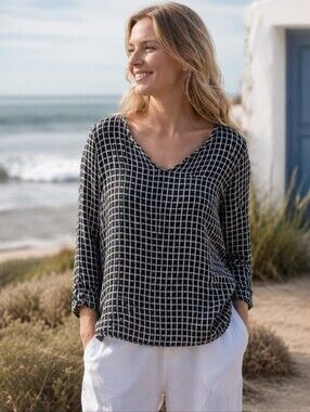 FLAX 100% Linen Top Women’s Medium Black White Check Lagenlook Coastal Relaxed
